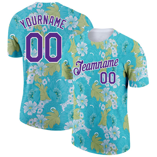 Custom Teal Purple-White 3D Pattern Design Flowers Performance T-Shirt - Main View