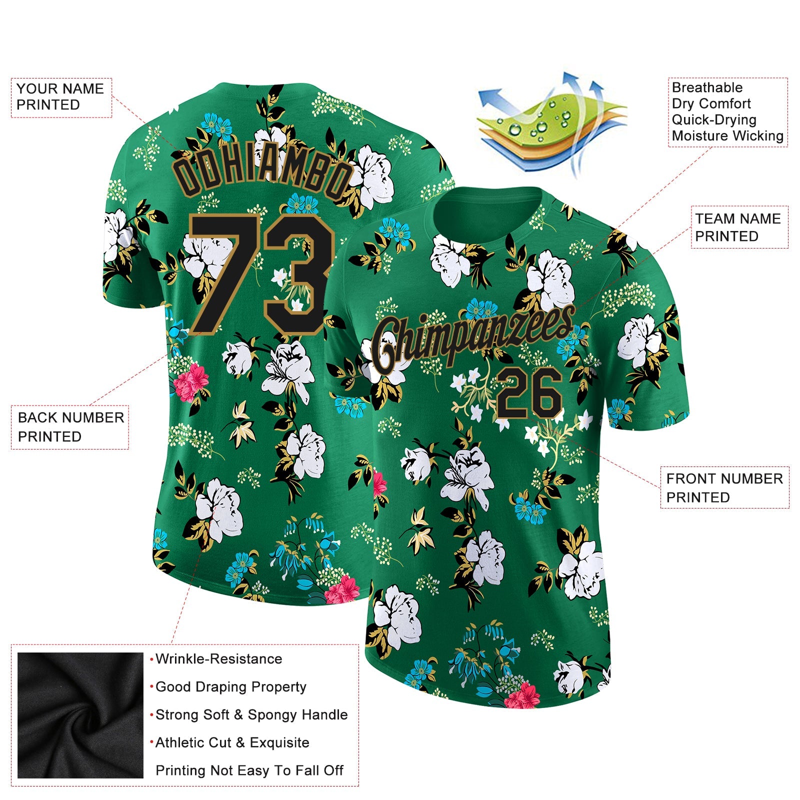 Custom Kelly Green Black-Old Gold 3D Pattern Design Flowers Performance T-Shirt view 2
