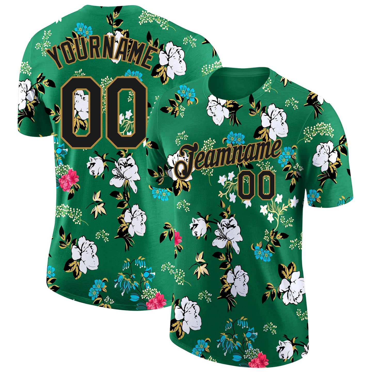 Custom Kelly Green Black-Old Gold 3D Pattern Design Flowers Performance T-Shirt - Main View