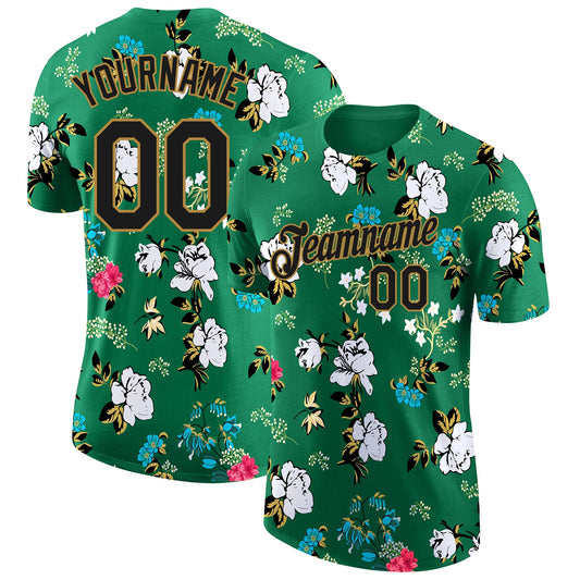 Custom Kelly Green Black-Old Gold 3D Pattern Design Flowers Performance T-Shirt - Main View