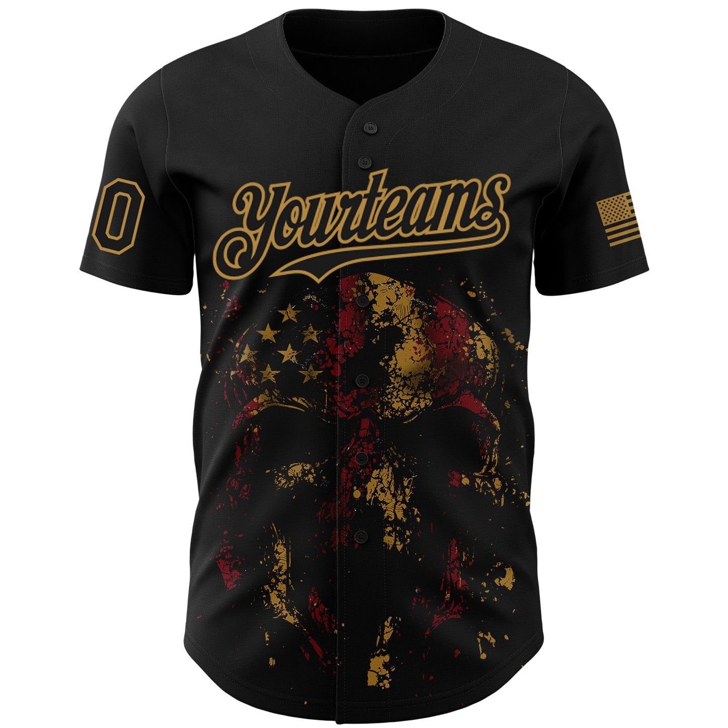 Custom Black Old Gold 3D American Flag Skull Patriotic Authentic Baseball Jersey view 2
