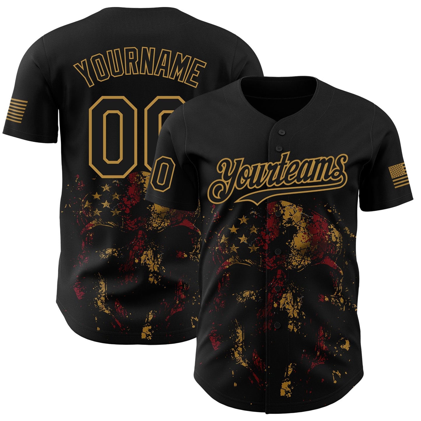 Custom Black Old Gold 3D American Flag Skull Patriotic Authentic Baseball Jersey - Main View