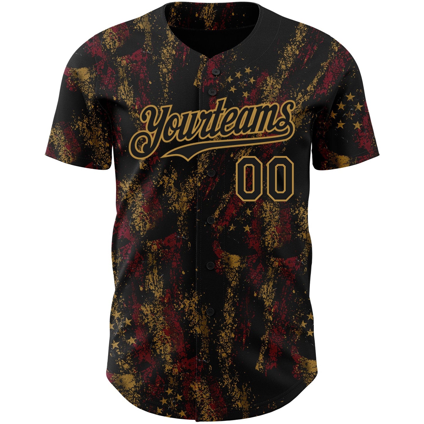 Custom Black Old Gold 3D American Flag Skull Patriotic Authentic Baseball Jersey view 2