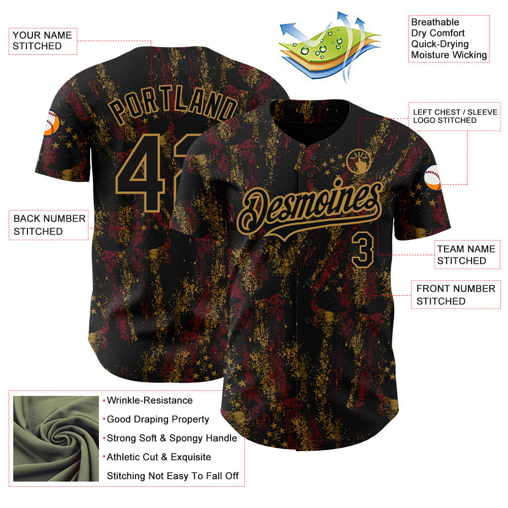 Custom Black Old Gold 3D American Flag Skull Patriotic Authentic Baseball Jersey view 3