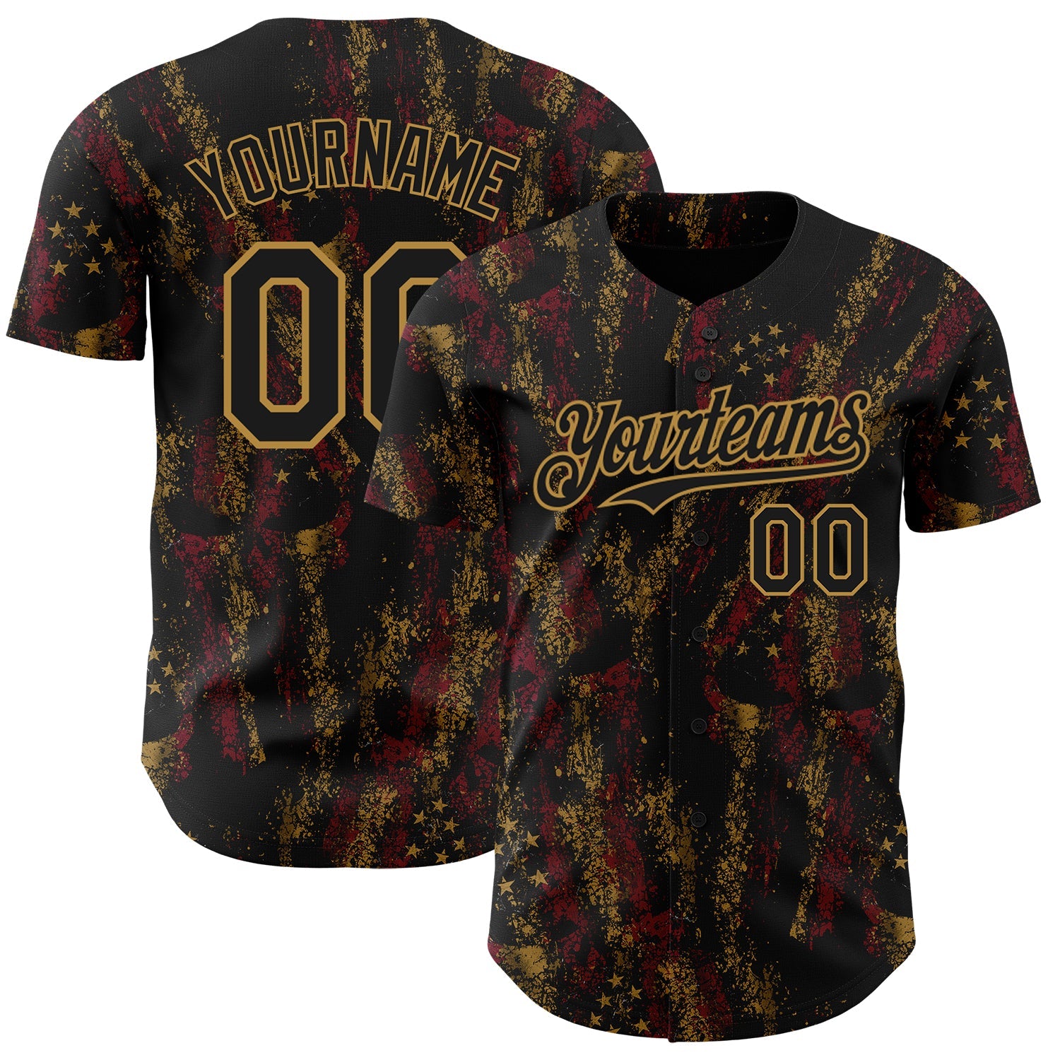 Custom Black Old Gold 3D American Flag Skull Patriotic Authentic Baseball Jersey - Main View