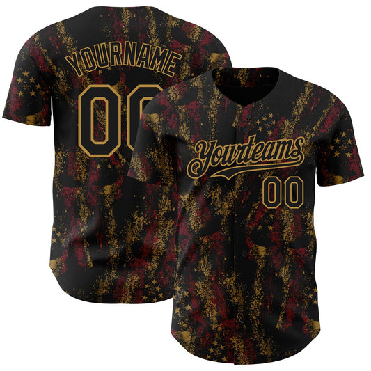 Custom Black Old Gold 3D American Flag Skull Patriotic Authentic Baseball Jersey - Main View