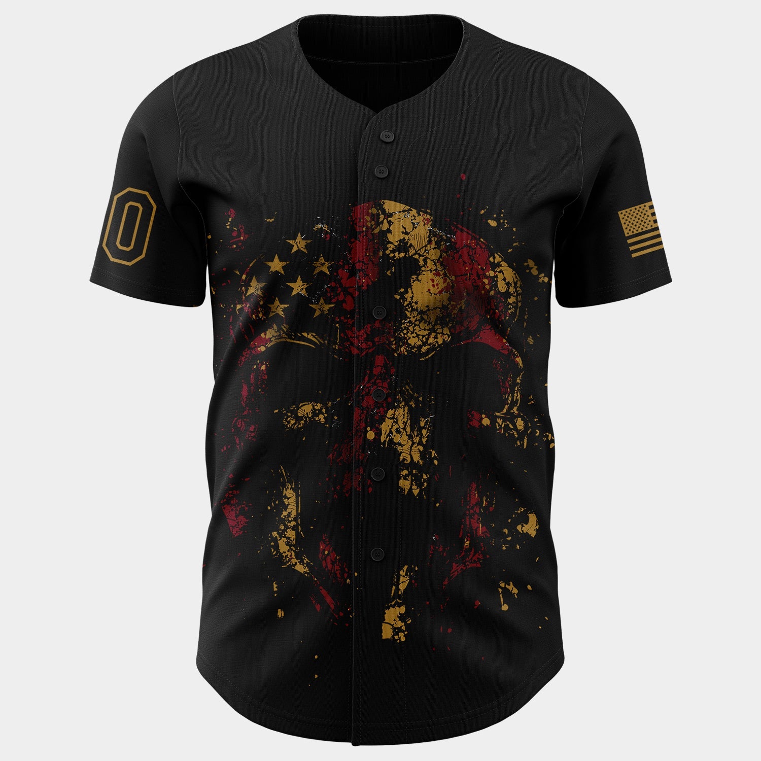 Custom Black Old Gold 3D American Flag Skull Patriotic Authentic Baseball Jersey view 2