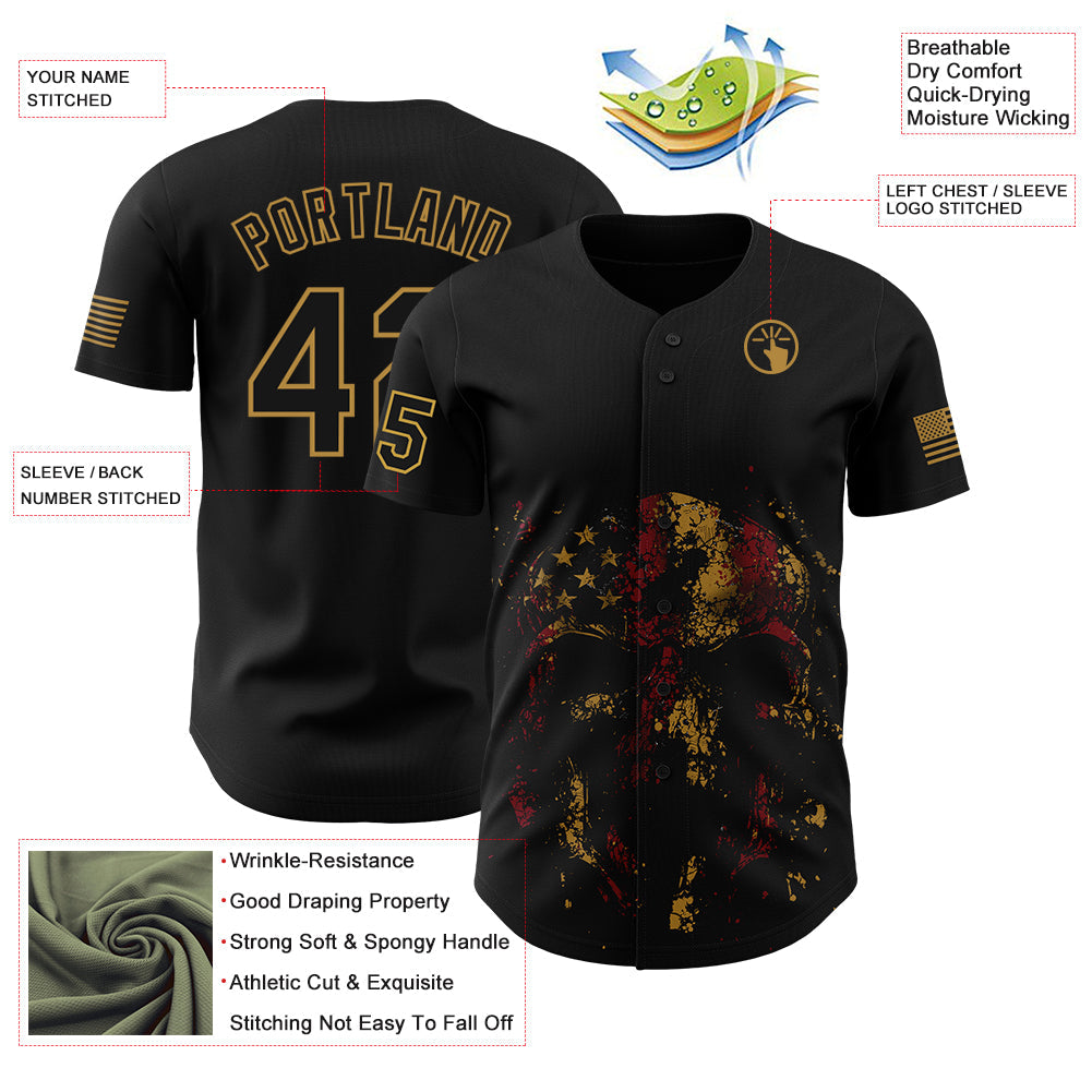 Custom Black Old Gold 3D American Flag Skull Patriotic Authentic Baseball Jersey view 3