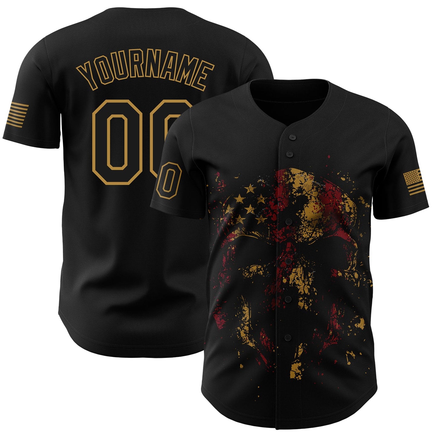 Custom Black Old Gold 3D American Flag Skull Patriotic Authentic Baseball Jersey - Main View