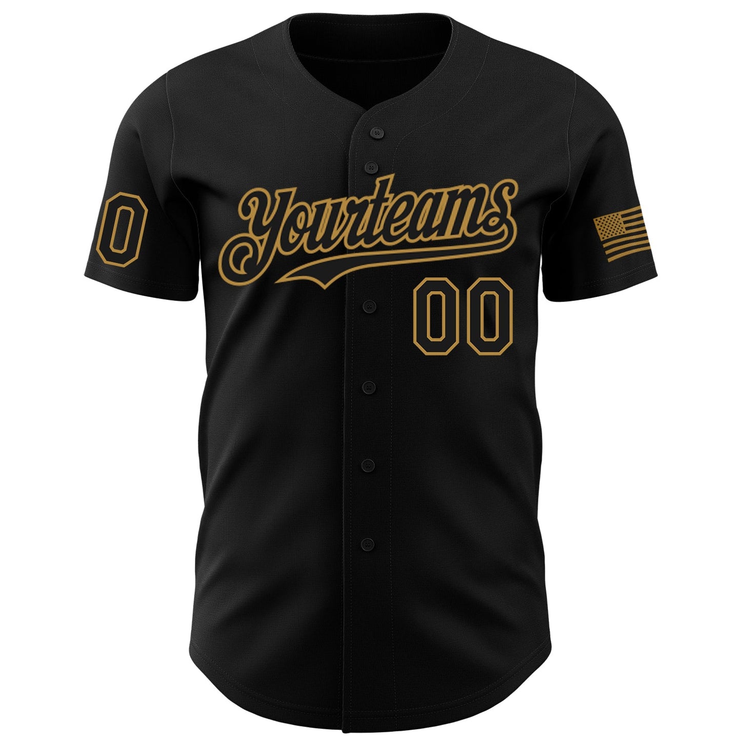Custom Black Old Gold 3D American Flag Skull Patriotic Authentic Baseball Jersey view 2