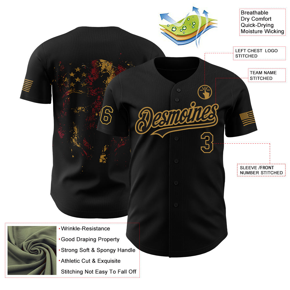 Custom Black Old Gold 3D American Flag Skull Patriotic Authentic Baseball Jersey view 3
