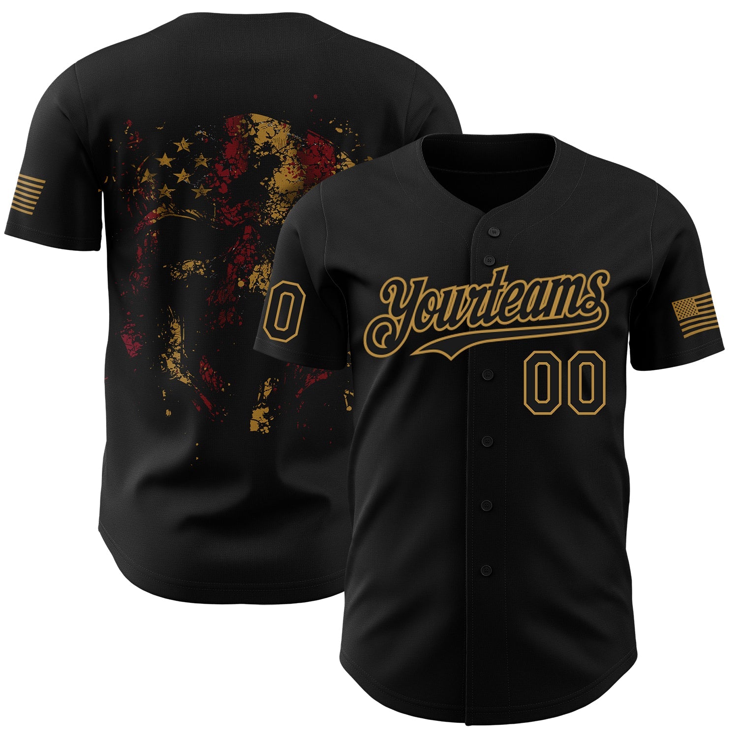 Custom Black Old Gold 3D American Flag Skull Patriotic Authentic Baseball Jersey - Main View