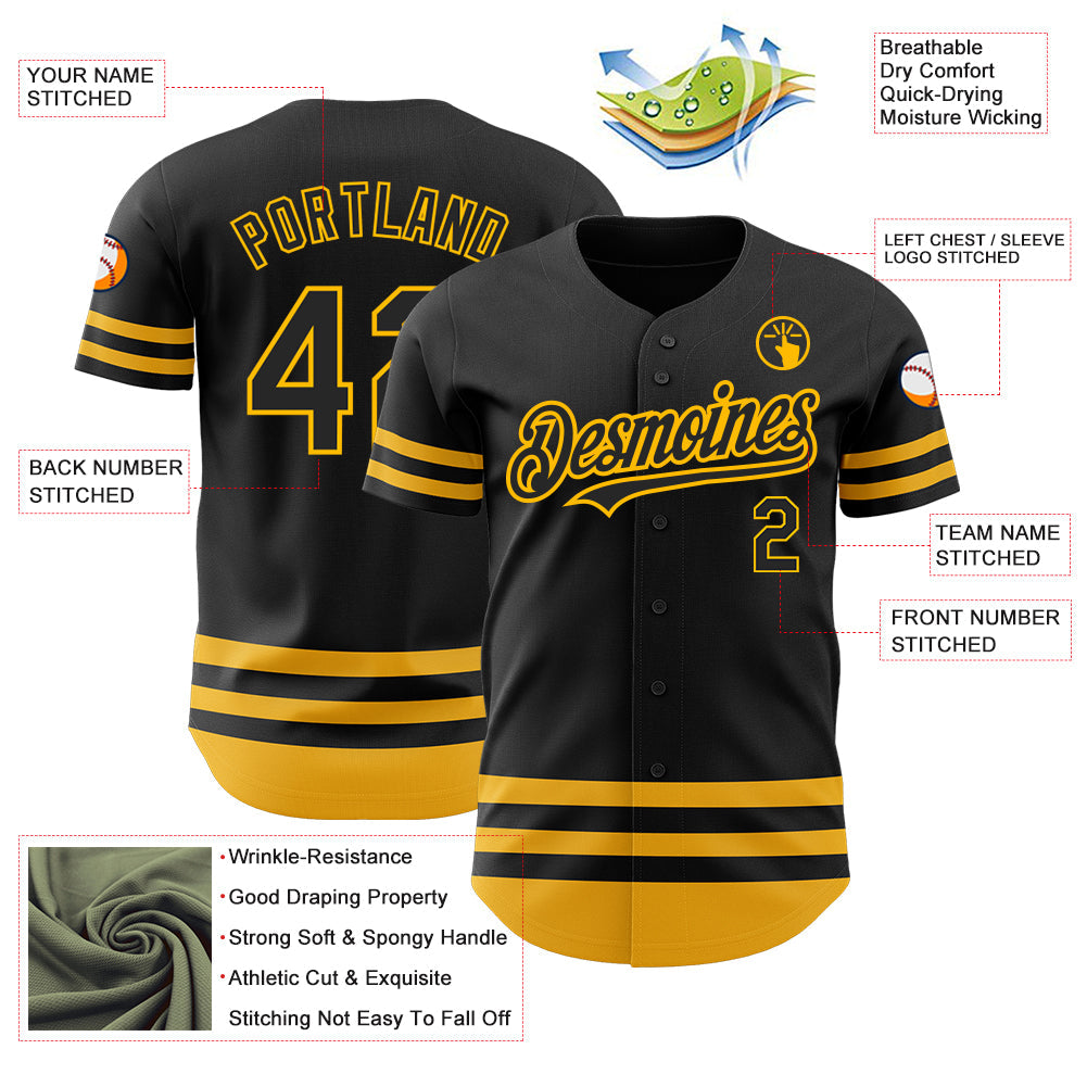 Custom Black Gold Line Authentic Baseball Jersey view 3