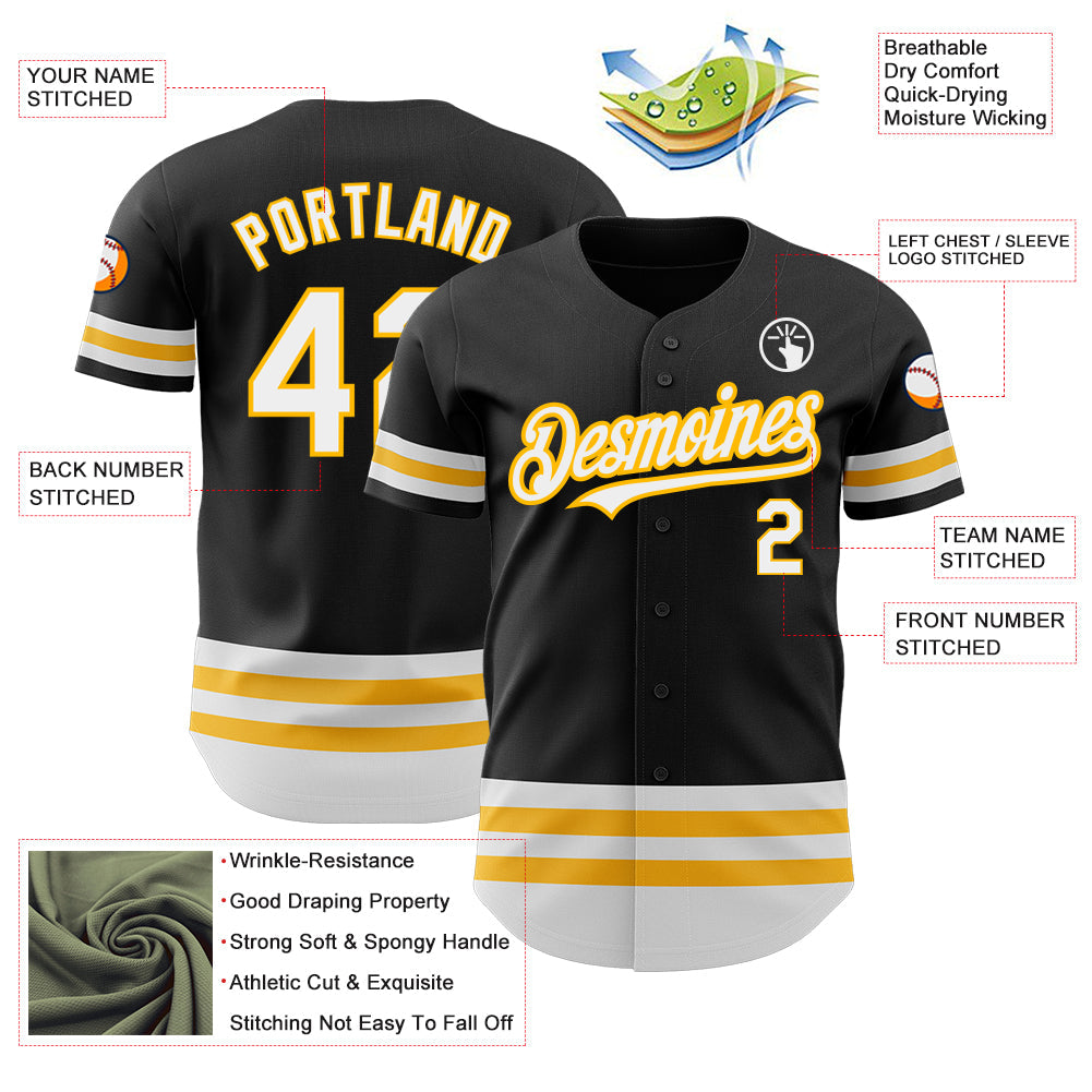 Custom Black White-Gold Line Authentic Baseball Jersey view 3