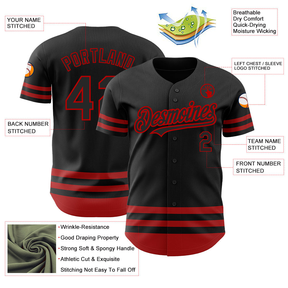 Custom Black Red Line Authentic Baseball Jersey view 3