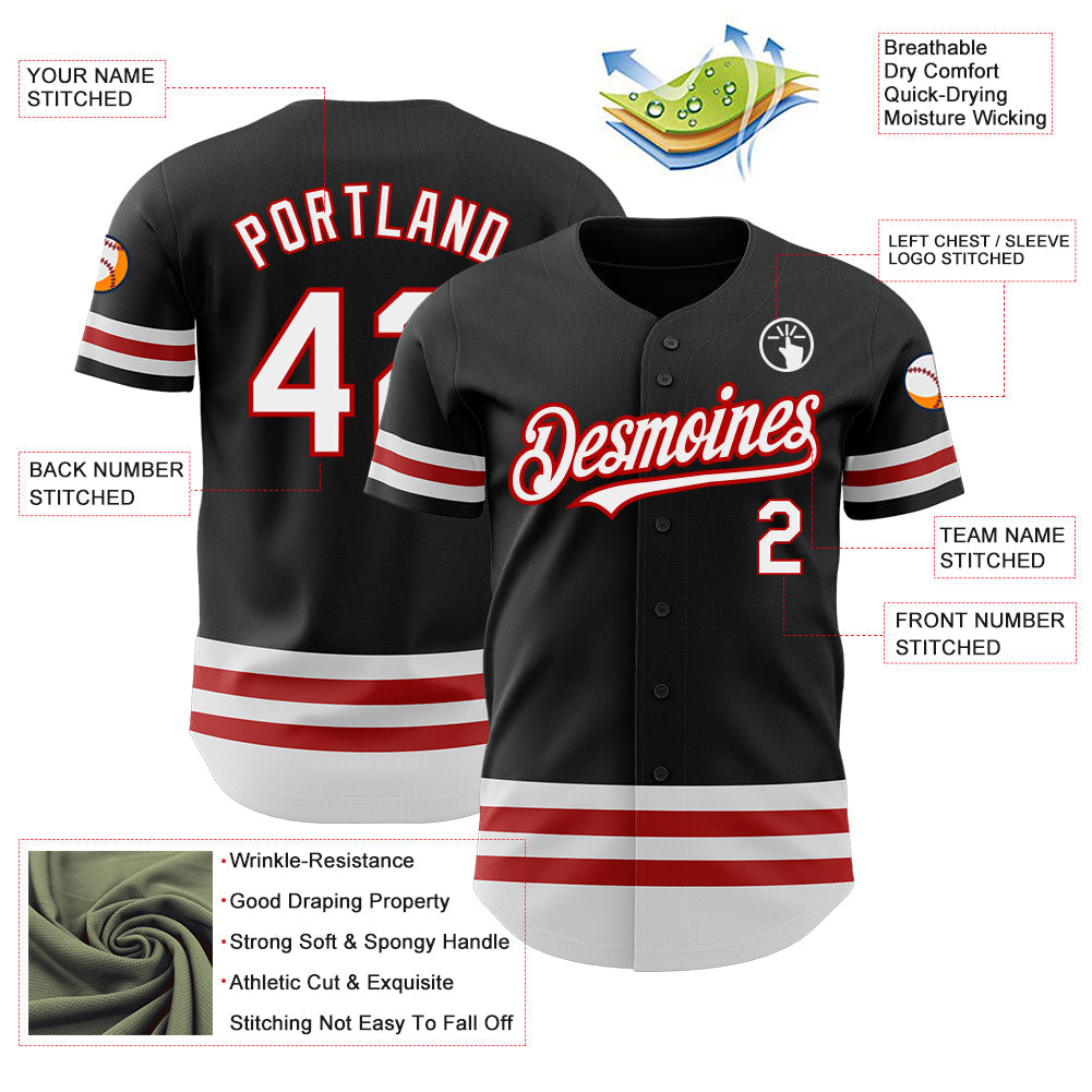 Custom Black White-Red Line Authentic Baseball Jersey view 3