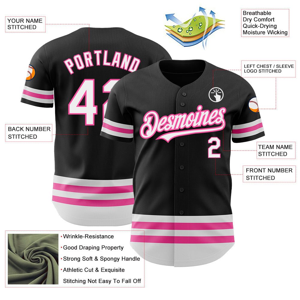 Custom Black White-Pink Line Authentic Baseball Jersey view 3