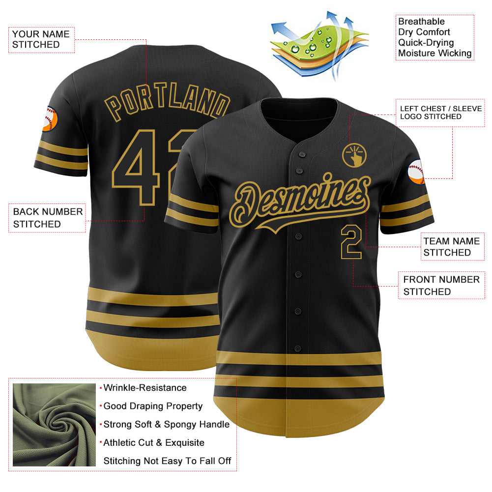 Custom Black Old Gold Line Authentic Baseball Jersey view 3