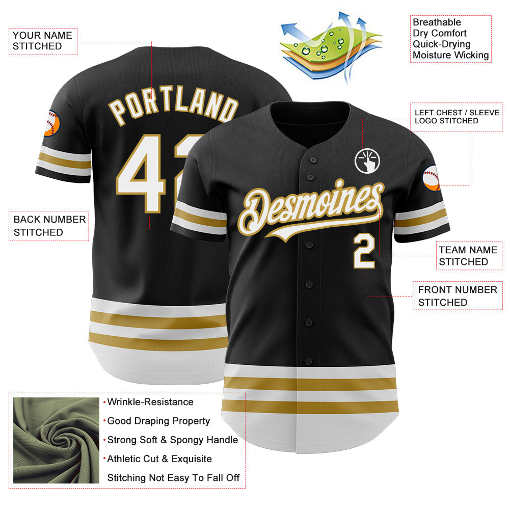 Custom Black White-Old Gold Line Authentic Baseball Jersey view 3