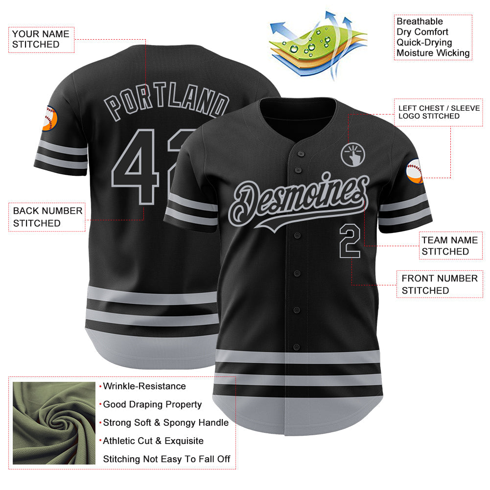 Custom Black Gray Line Authentic Baseball Jersey view 3