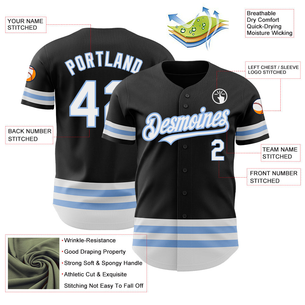 Custom Black White-Light Blue Line Authentic Baseball Jersey view 3