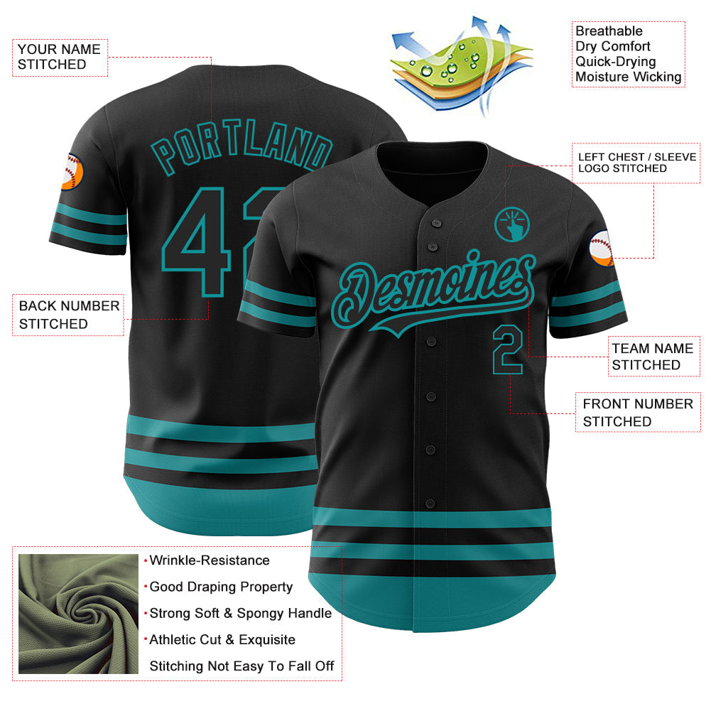 Custom Black Teal Line Authentic Baseball Jersey view 3