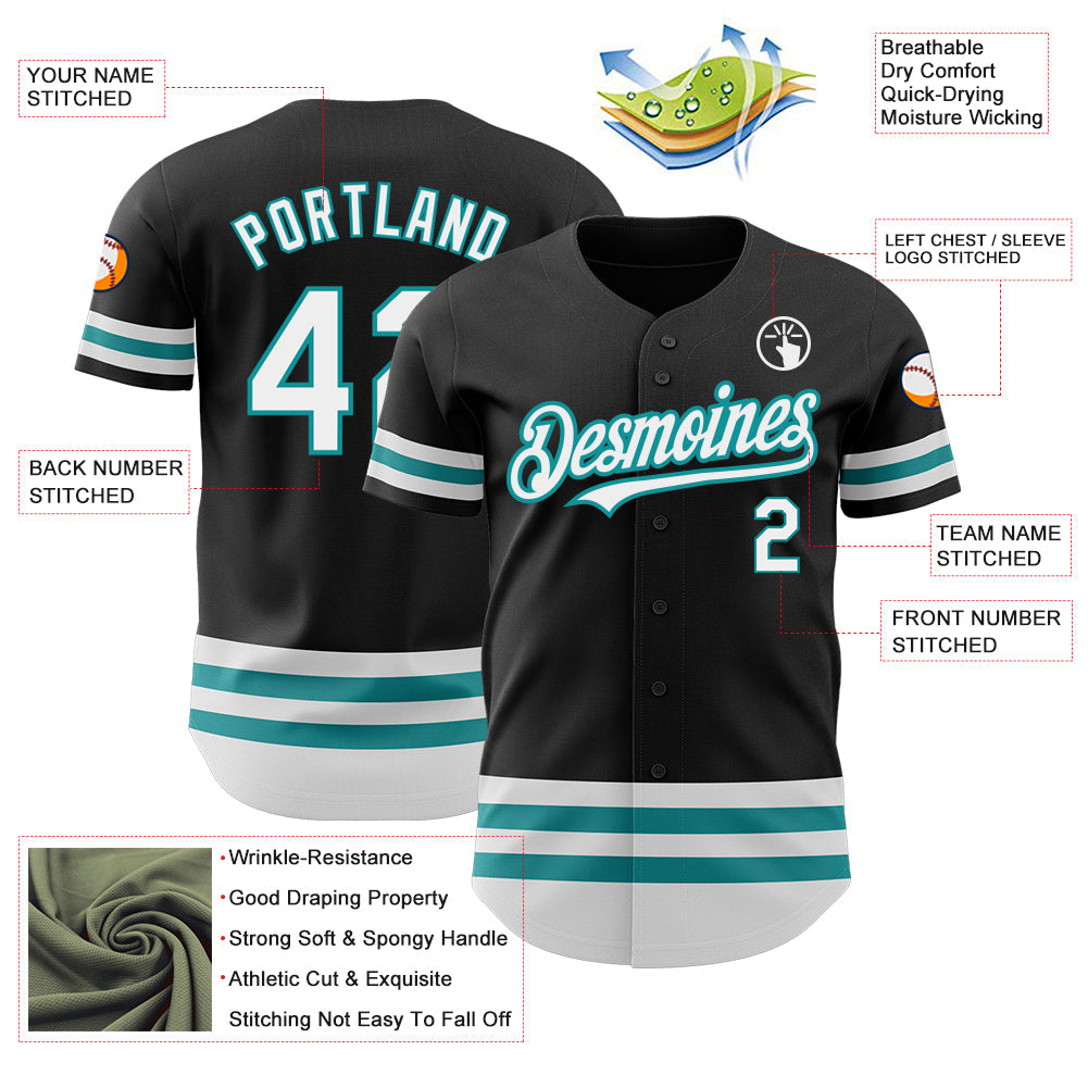 Custom Black White-Teal Line Authentic Baseball Jersey view 3