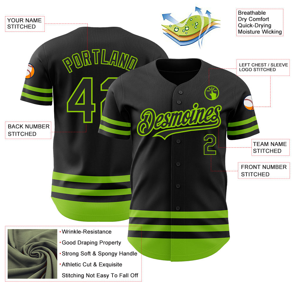 Custom Black Neon Green Line Authentic Baseball Jersey view 3