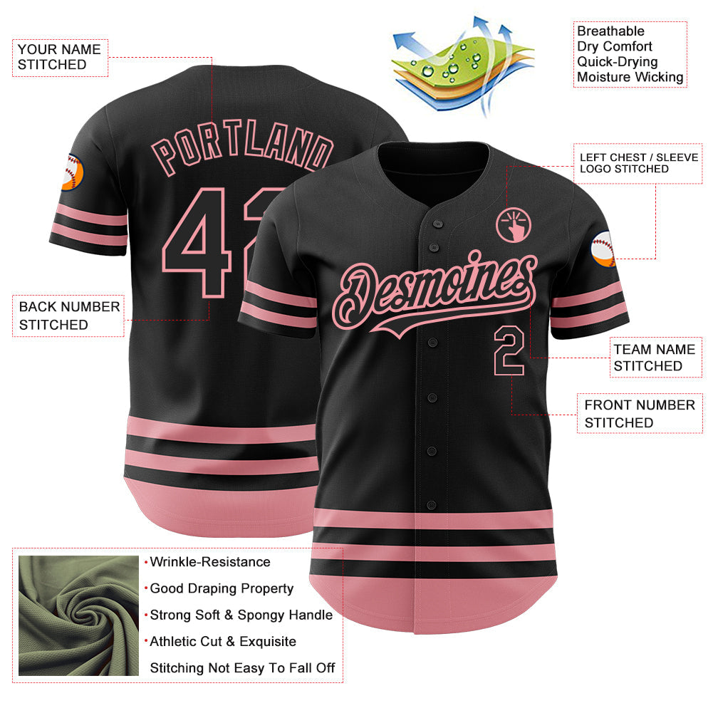 Custom Black Medium Pink Line Authentic Baseball Jersey view 3