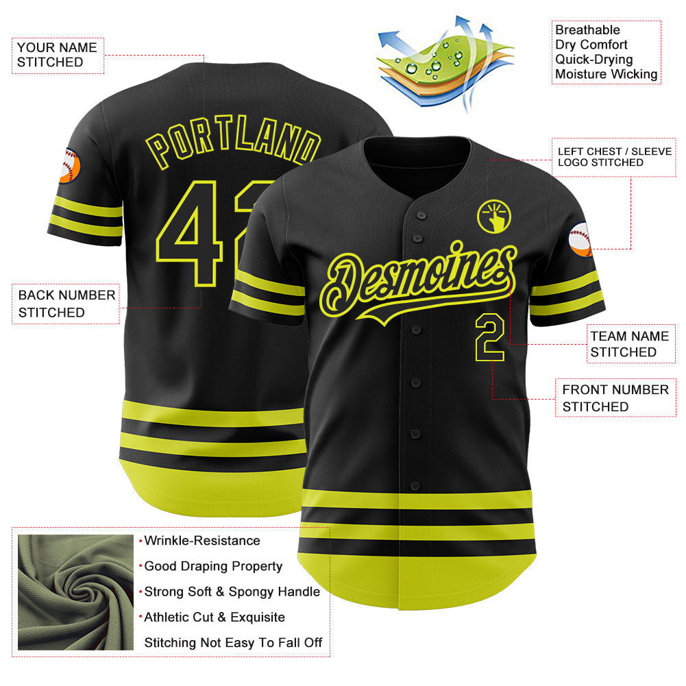 Custom Black Neon Yellow Line Authentic Baseball Jersey view 3