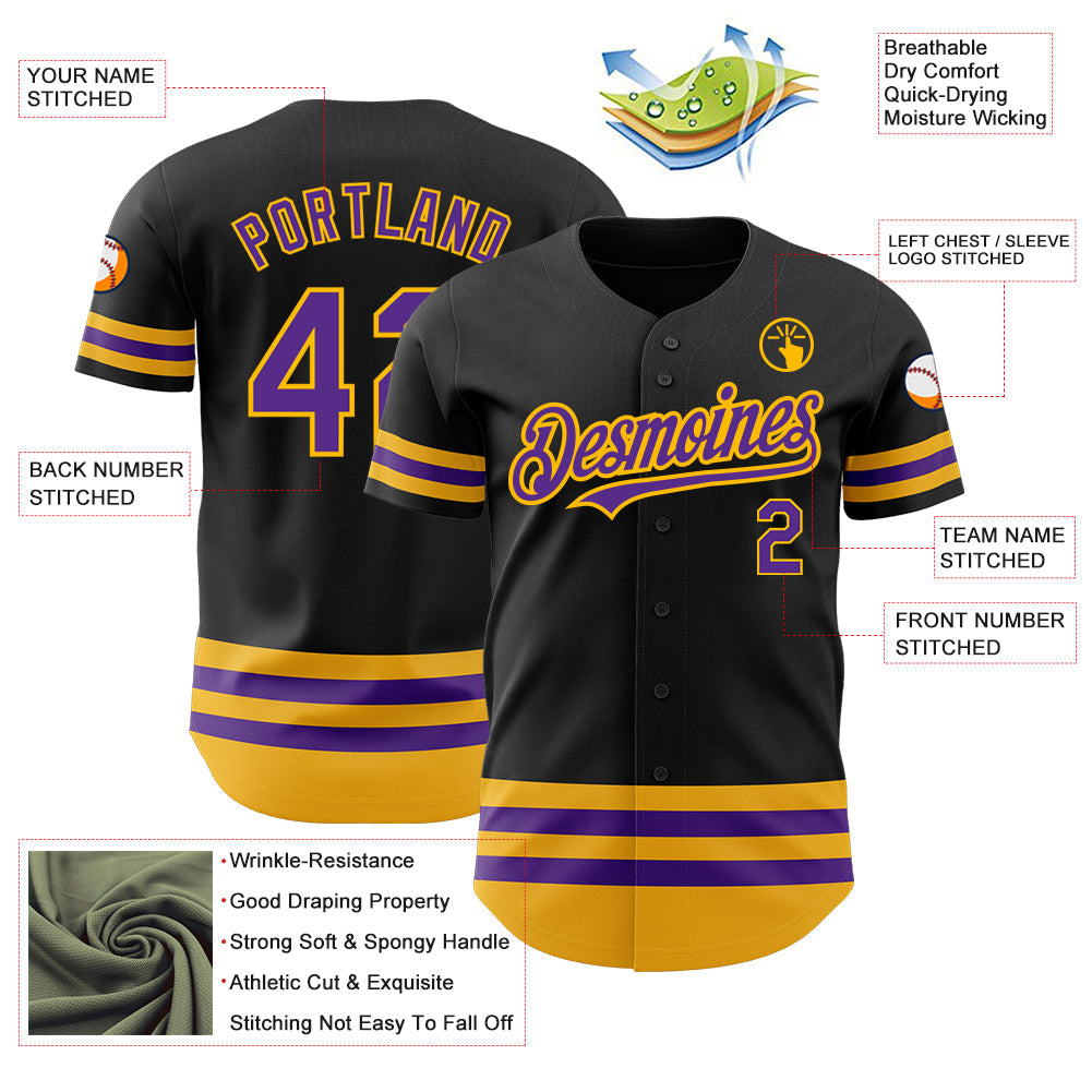 Custom Black Purple-Gold Line Authentic Baseball Jersey view 3