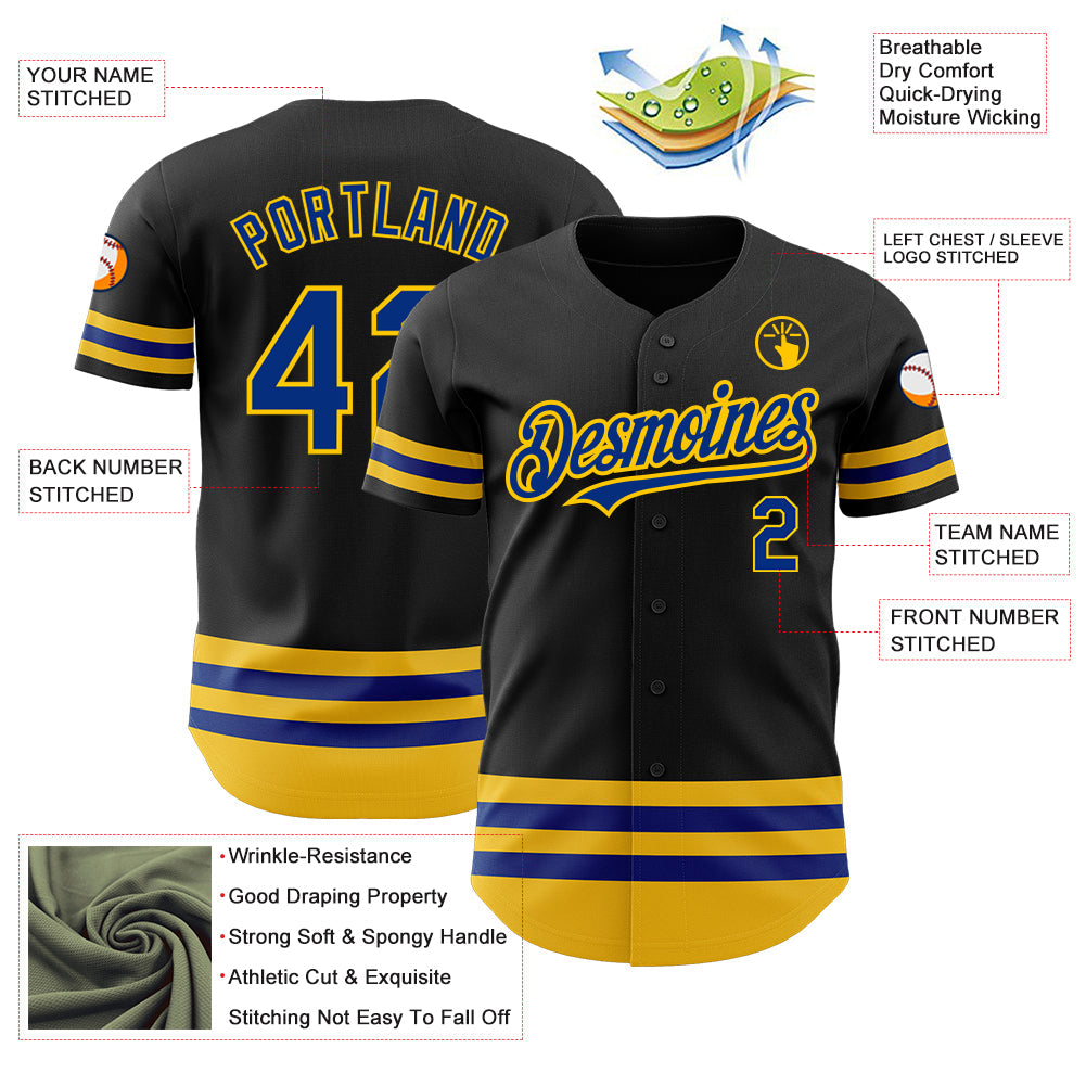 Custom Black Royal-Yellow Line Authentic Baseball Jersey view 3