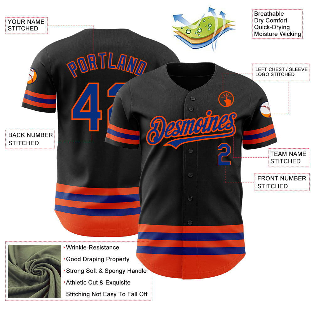 Custom Black Royal-Orange Line Authentic Baseball Jersey view 3