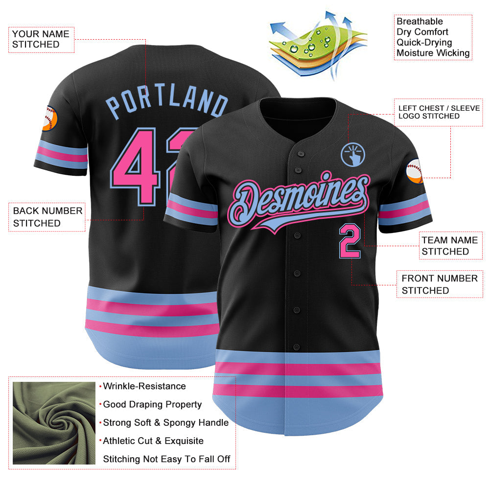 Custom Black Pink-Light Blue Line Authentic Baseball Jersey view 3