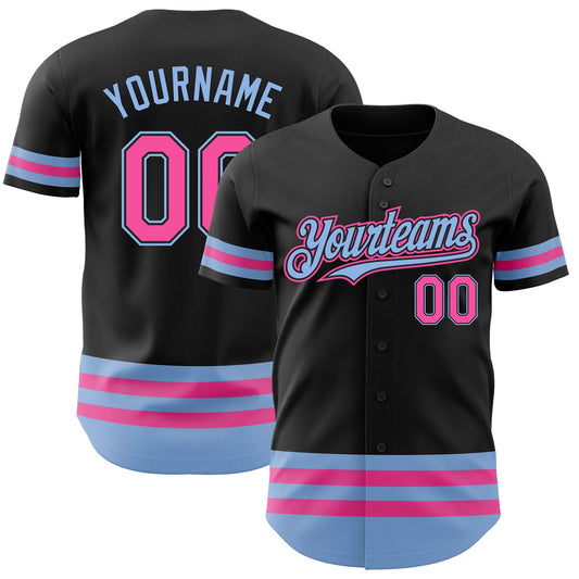 Custom Black Pink-Light Blue Line Authentic Baseball Jersey - Main View