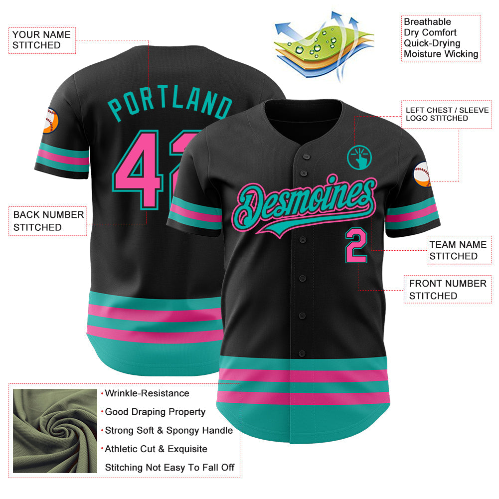 Custom Black Pink-Aqua Line Authentic Baseball Jersey view 3