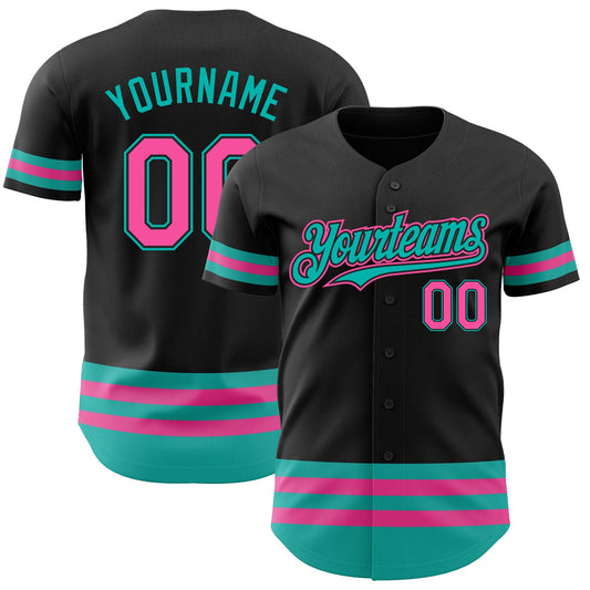Custom Black Pink-Aqua Line Authentic Baseball Jersey - Main View