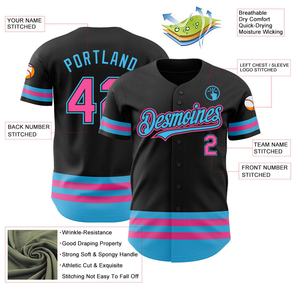 Custom Black Pink-Sky Blue Line Authentic Baseball Jersey view 3
