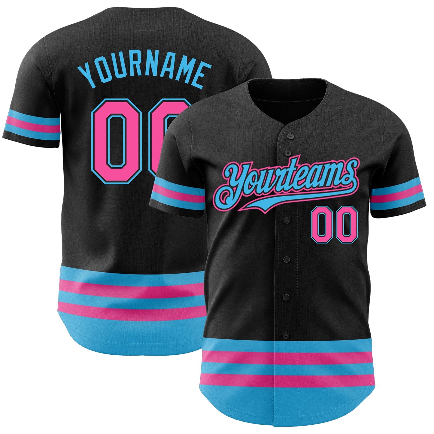 Custom Black Pink-Sky Blue Line Authentic Baseball Jersey - Main View