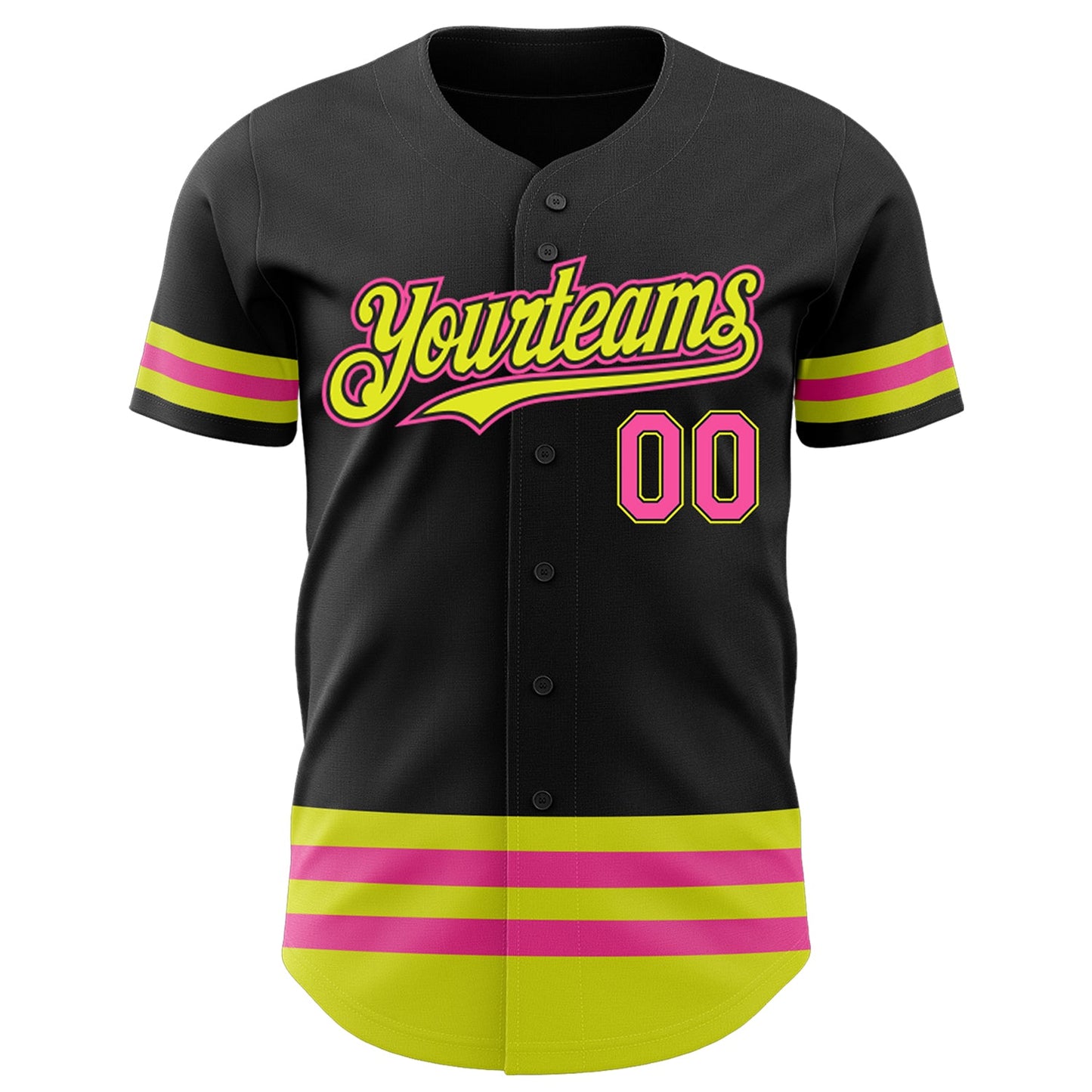 Custom Black Pink-Neon Yellow Line Authentic Baseball Jersey view 2