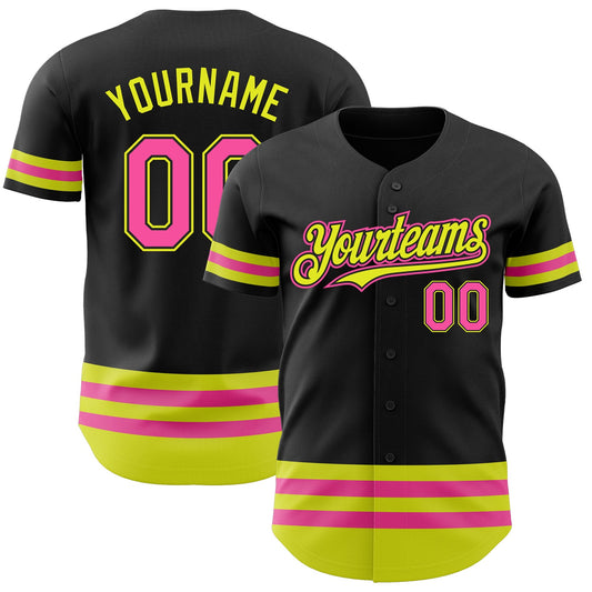 Custom Black Pink-Neon Yellow Line Authentic Baseball Jersey - Main View