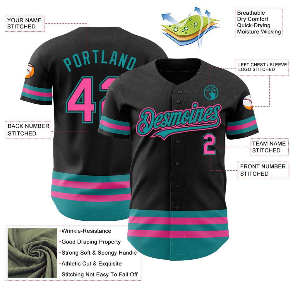 Custom Black Pink-Teal Line Authentic Baseball Jersey view 3