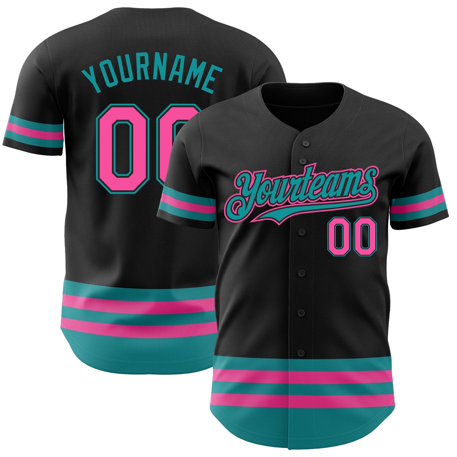 Custom Black Pink-Teal Line Authentic Baseball Jersey - Main View