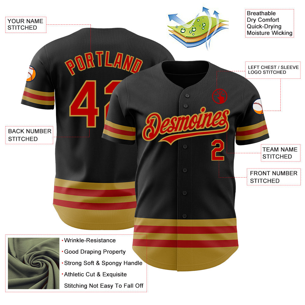 Custom Black Red-Old Gold Line Authentic Baseball Jersey view 3