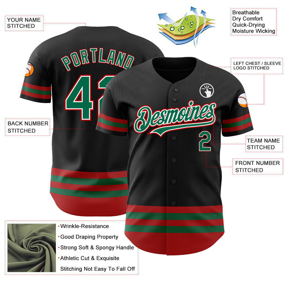 Custom Black Kelly Green-Red Line Authentic Baseball Jersey view 3