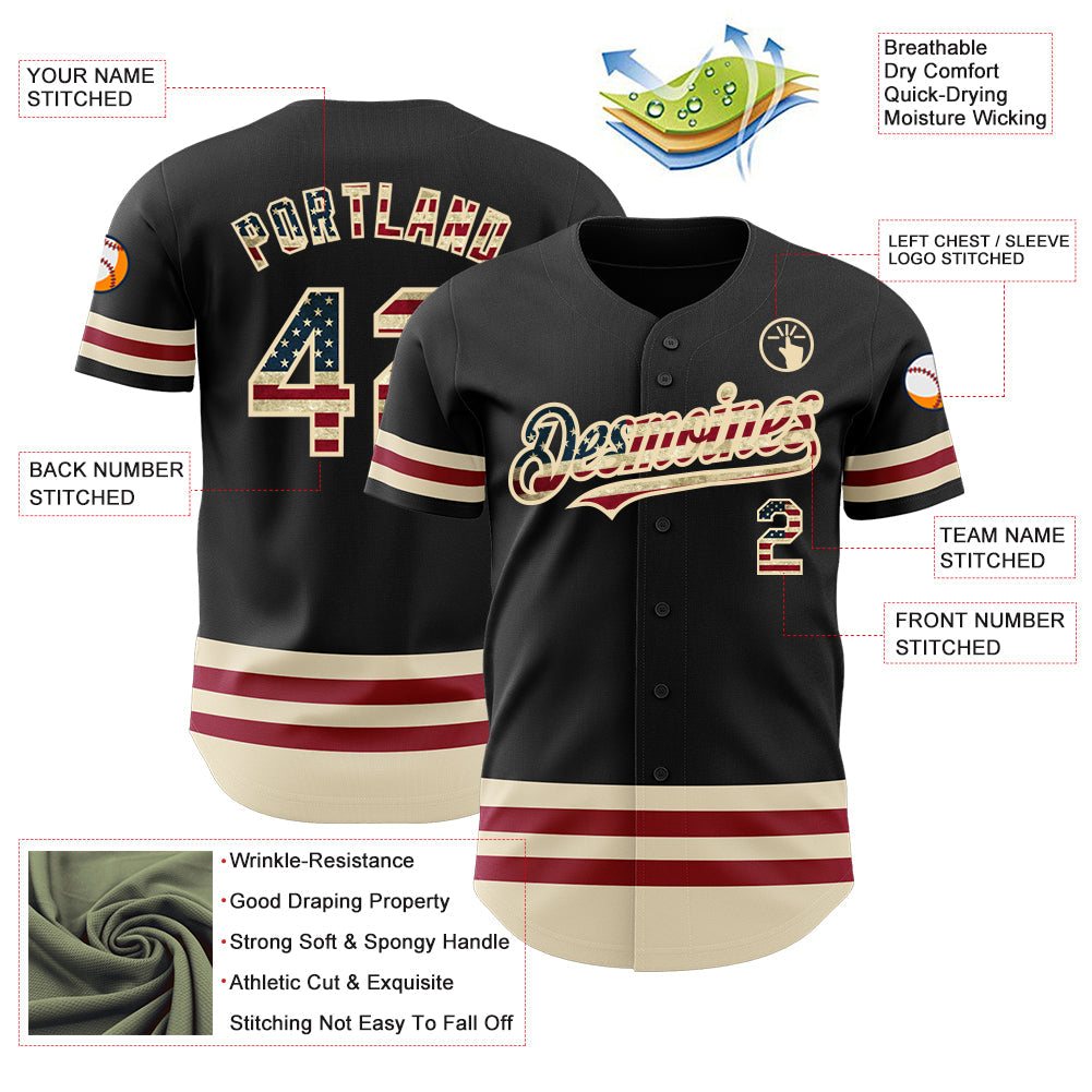 Custom Black Vintage USA Flag-Cream Line Authentic Baseball Jersey view 3