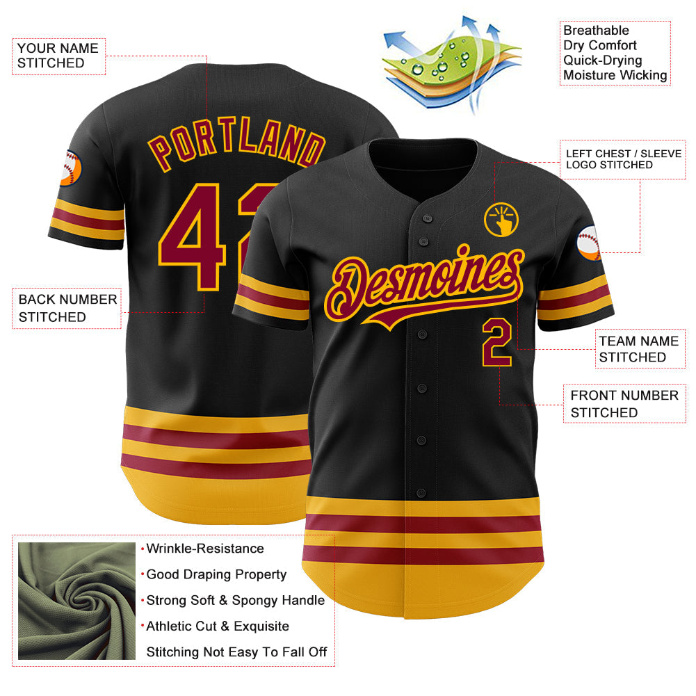 Custom Black Maroon-Gold Line Authentic Baseball Jersey view 3