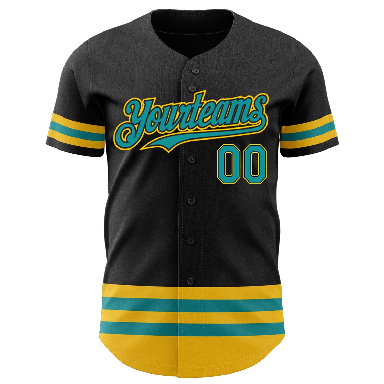 Custom Black Teal-Yellow Line Authentic Baseball Jersey view 2