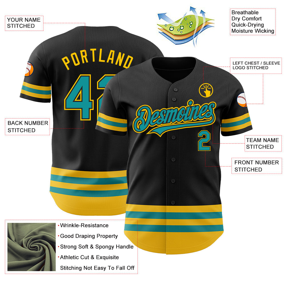 Custom Black Teal-Yellow Line Authentic Baseball Jersey view 3