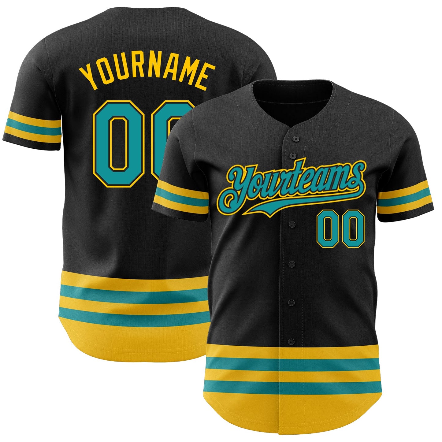 Custom Black Teal-Yellow Line Authentic Baseball Jersey - Main View